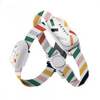 Dual stacked PETKIT smart pet collars with rainbow stripe strap, multi-size fitness tracker specially designed for French Bulldogs