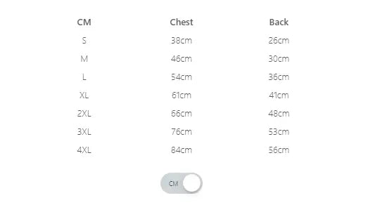 Centimeter size chart for tie dye dog cooling vest, S to 4XL chest and back measurements for French Bulldog & medium large bully breeds