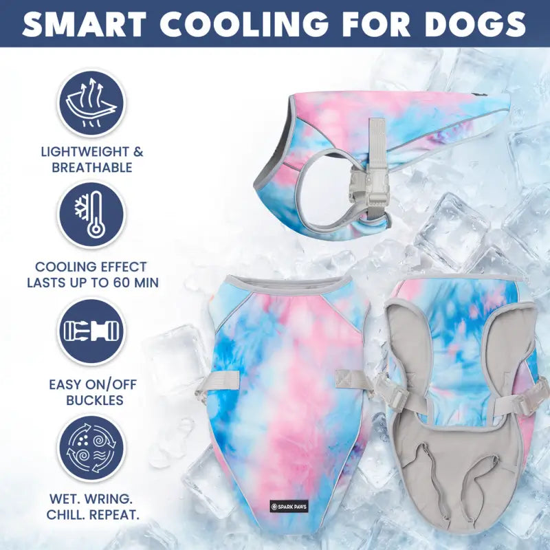 Pink blue tie dye evaporative cooling dog vest with adjustable buckle, SPF50 UV protection summer coat designed for French Bulldog | Frenchie Nest