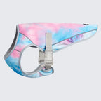 Front & back flat lay of tie dye dog cooling vest on ice, lightweight breathable, 60min cooling, quick snap buckle summer coat for Frenchie | Frenchie Nest