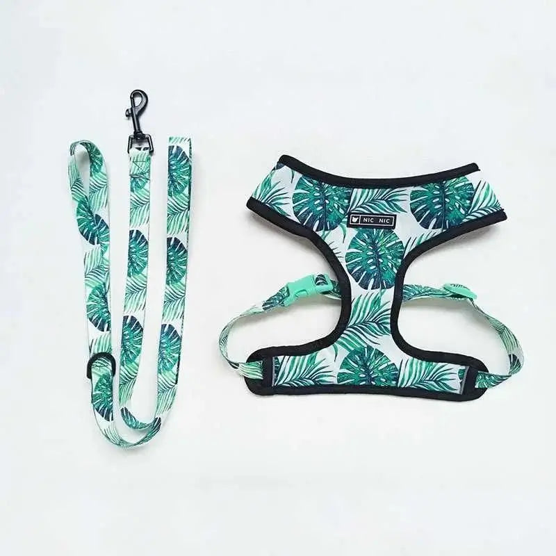 Tropical monstera leaf print dog harness and matching leash set for French Bulldogs, complete walking kit with adjustable straps.