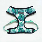 Tropical monstera leaf print dog harness for French Bulldogs, adjustable step-in vest with black trim and green accents.