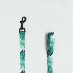 Close-up of the tropical monstera leaf print dog leash, showing durable fabric and black clasp for French Bulldog walks.