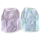 Flat lay of purple and light blue breathable mesh cooling vest for french bulldog, 2 colors summer dog sleeveless tank top