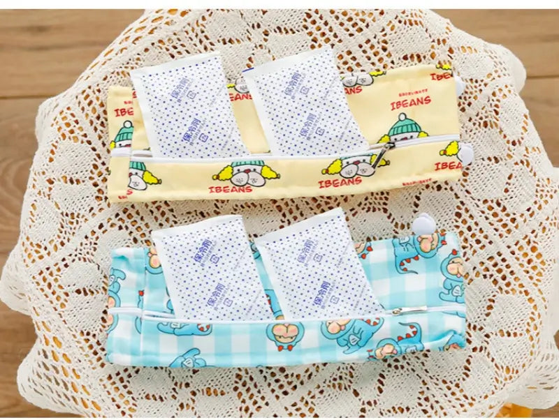 Blue dinosaur & yellow cartoon dog cooling collars open zipper with replacement ice packs inside, refillable French Bulldog summer neck wrap | Frenchie Nest