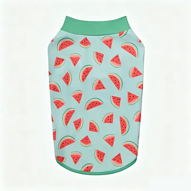 Flat lay front view of mint green collar watermelon slice printed dog sun shirt, breathable UV protection pet apparel for French Bulldog