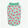 Flat lay front view of mint green collar watermelon slice printed dog sun shirt, breathable UV protection pet apparel for French Bulldog