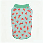 Flat lay front view of mint green collar watermelon slice printed dog sun shirt, breathable UV protection pet apparel for French Bulldog