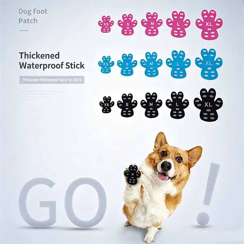 Waterproof dog foot pads in pink, blue, black colors, XS to XL sizes, for French bulldogs and corgis