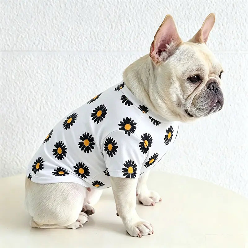 Cream French Bulldog wearing a white daisy print short-sleeve dog shirt, stylish pet clothes for Frenchies