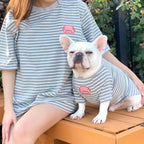 Full view of owner and white French Bulldog wearing matching grey stripe pig patch tees, casual family matching pet clothes for daily wear