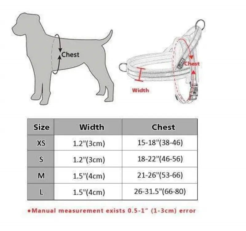 Size measurement guide chart for fleece reflective French Bulldog harness, XS/S/M/L chest size reference for accurate sizing before purchase
