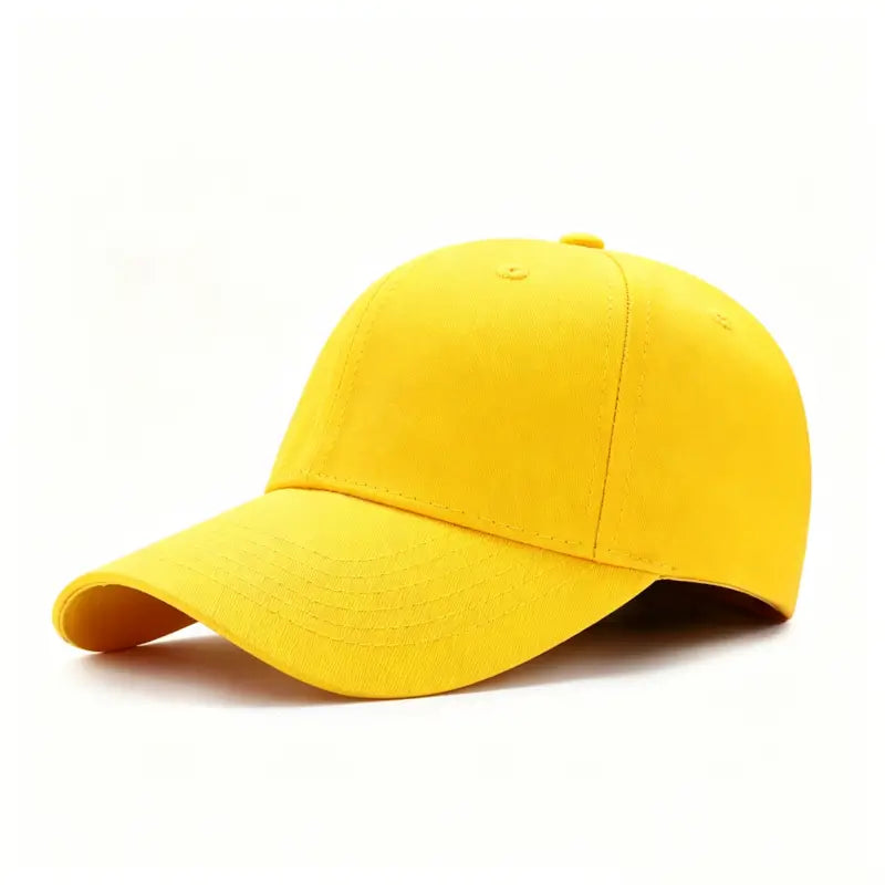 Bright yellow blank cotton baseball cap, cheerful dad hat for custom French bulldog embroidery, fun base cap for pet lovers