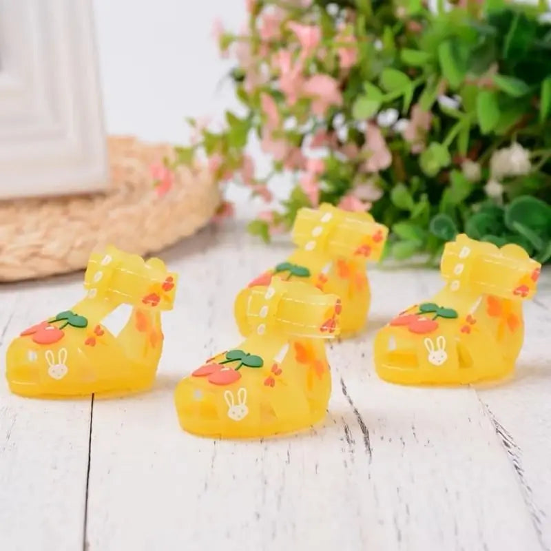 Yellow pet sandals with cherry and rabbit designs for French Bulldogs, lightweight summer dog shoes with adjustable closure