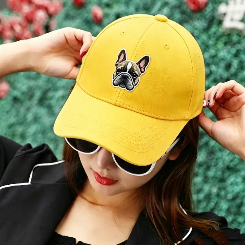 Bright yellow cotton French bulldog embroidered baseball hat, unique Frenchie face cap perfect gift for French bulldog fans
