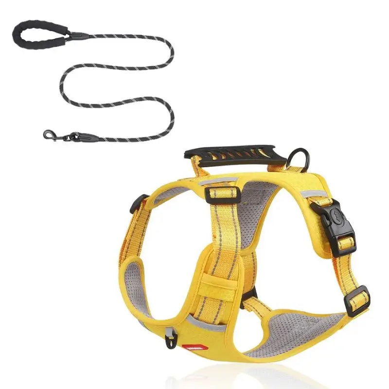 Yellow no-pull dog harness with reflective strips and matching padded leash for French Bulldogs, adjustable outdoor walking kit.