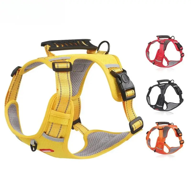 Yellow no-pull dog harness for French Bulldogs, shown with available red, black, and orange color variations.