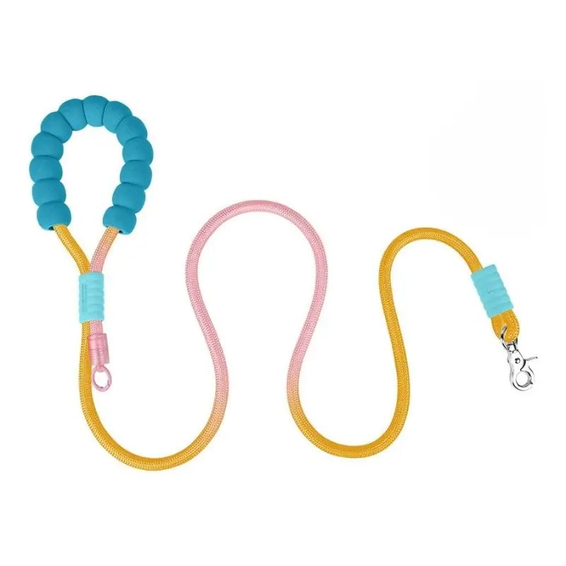 Yellow-pink gradient dog leash with blue foam grip for French Bulldogs, durable rope leash with anti-slip handle and metal clasp.
