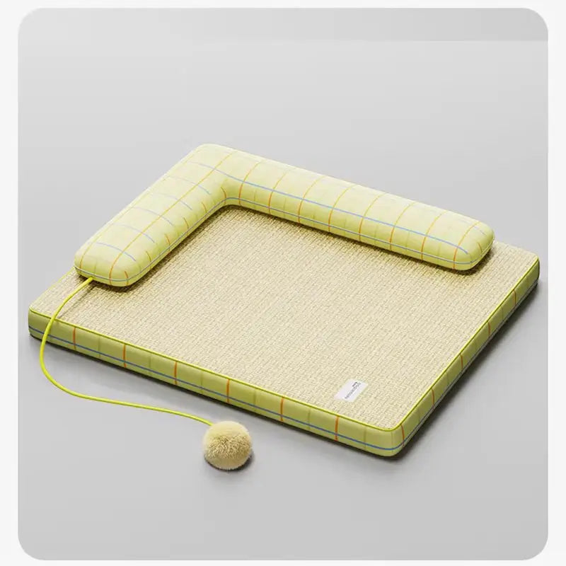 Yellow grid L-shaped rattan cooling dog bed with detachable plush toy ball for French Bulldog